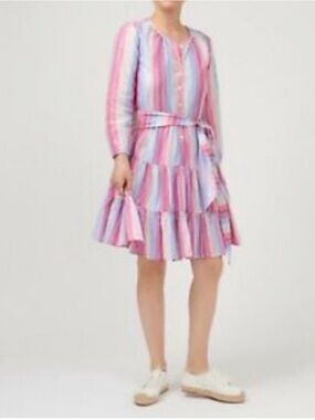 J. Crew Silver Metallic Pastel Pink Blue Purple Striped Cotton Dress XXL